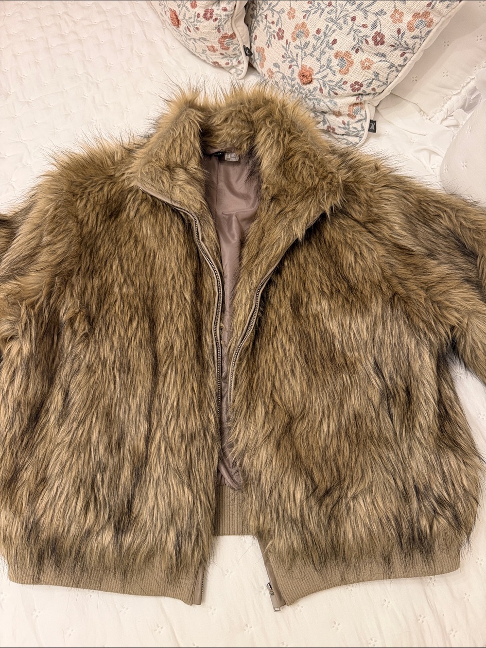 H&M Faux Fur Bomber Jacket in Medium Brown
